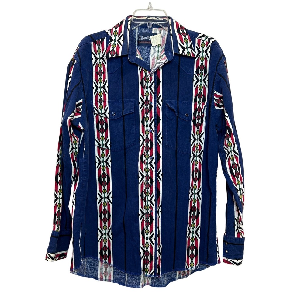 Wrangler Western Shirt Mens Large Blue Southwestern Aztec Pearl Snap Long Sleeve